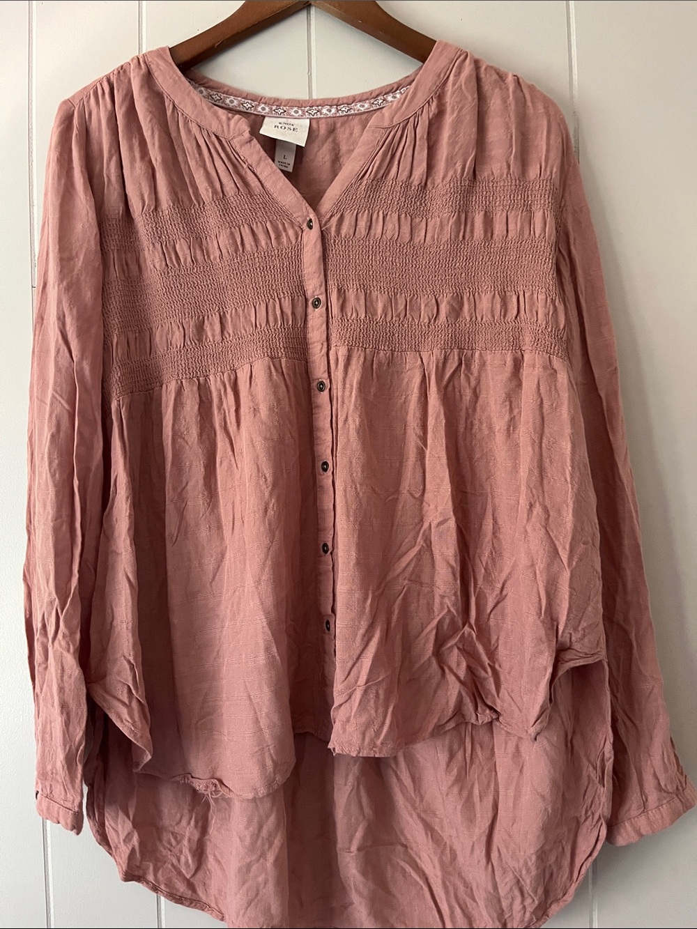 Renee C. Dusty Rose Button-Front Smocked Blouse